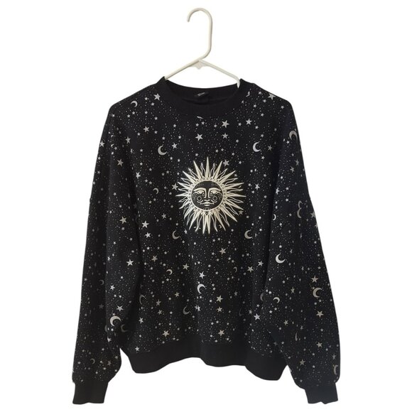 PacSun Black Celestial Sun Stars Moon Graphic AOP Sweatshirt One Size Crewneck - Picture 2 of 10